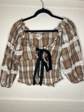 Kimchi blue Brown Plaid bow tie waist cinched top
